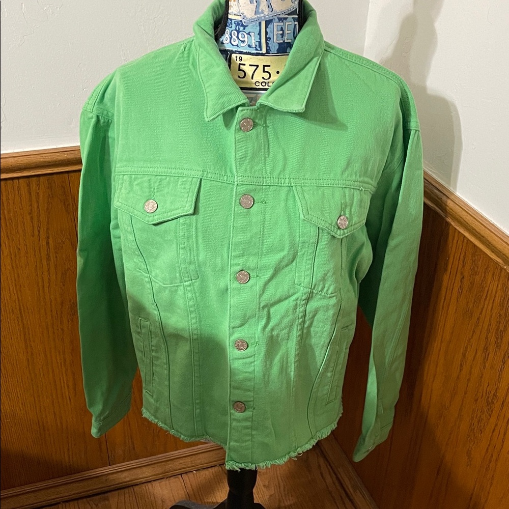Women’s  Green Denim Jacket with Fringe Along The Bottom